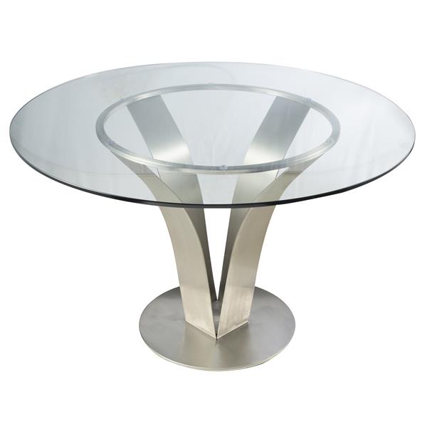 Cleo Contemporary Dining Table In Stainless Steel With Clear Glass 