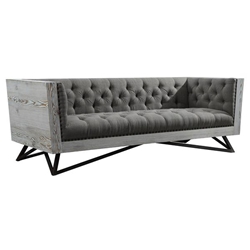 Regis Contemporary Sofa in Grey Fabric with Black Metal Finish Legs and Antique Brown Nailhead Accents 