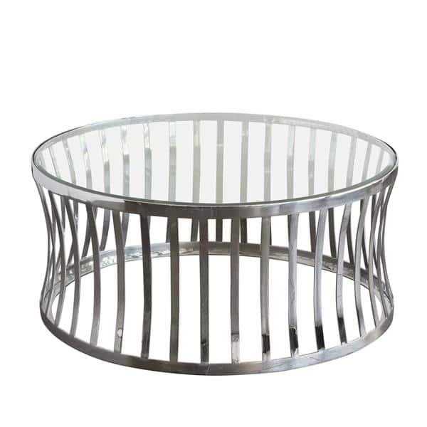 Capri Round Stainless Steel Cocktail Table with Clear, Tempered Glass Top 