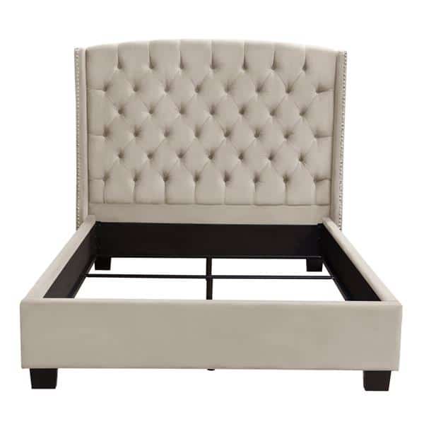 Majestic Queen Tufted Bed in Tan Velvet with Nail Head Wing Accents 