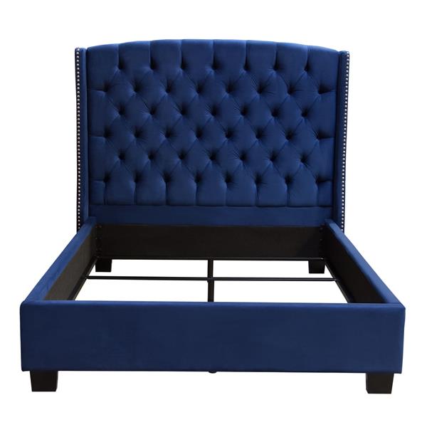 Majestic Queen Tufted Bed in Royal Navy Velvet with Nail Head Wing Accents 