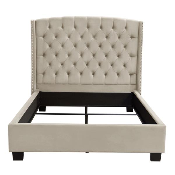 Majestic Queen Tufted Bed in Tan Velvet with Nail Head Wing Accents 