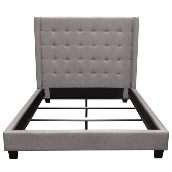 Madison Ave Wing Queen Bed in Light Grey Button and Tufted Fabric 