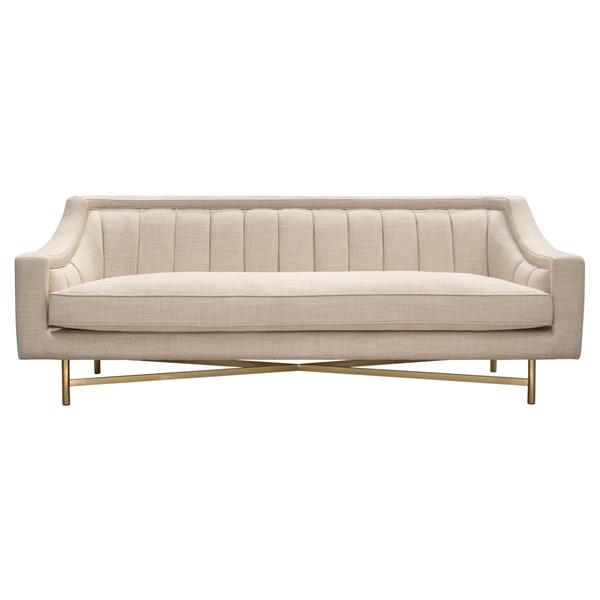 Croft Fabric Sofa in Sand Linen Fabric with Accent Pillows and Gold Metal Criss-Cross Frame 