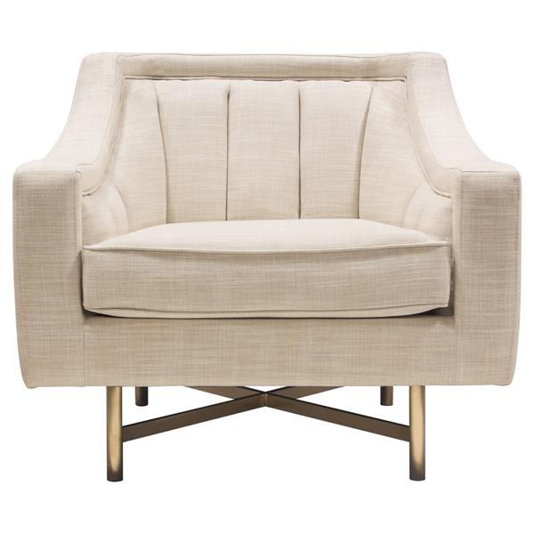 Croft Fabric Chair in Sand Linen Fabric with Accent Pillow and Gold Metal Criss-Cross Frame 