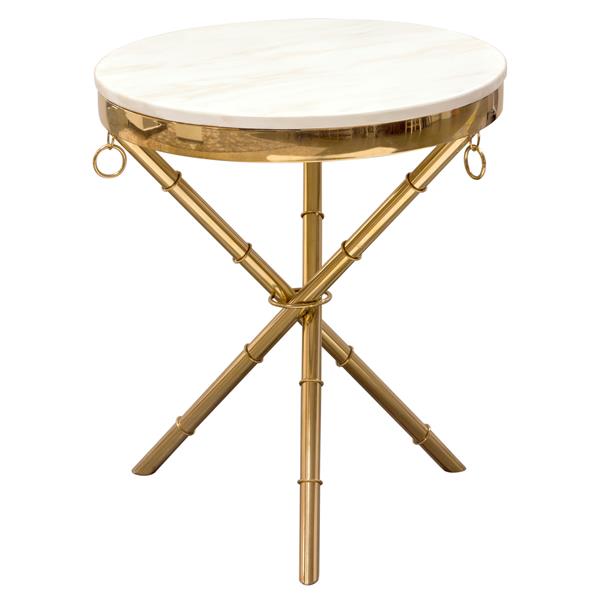 Reed Round Accent Table with White Marble Top and Gold Finished Metal Base 