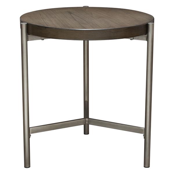 Atwood 22-Inch Round End Table with Grey Oak Veneer Top and Brushed Silver Metal Base 