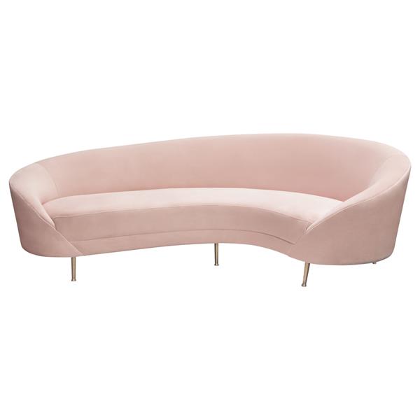 Celine Curved Sofa with Contoured Back in Blush Pink Velvet and Gold Metal Legs 