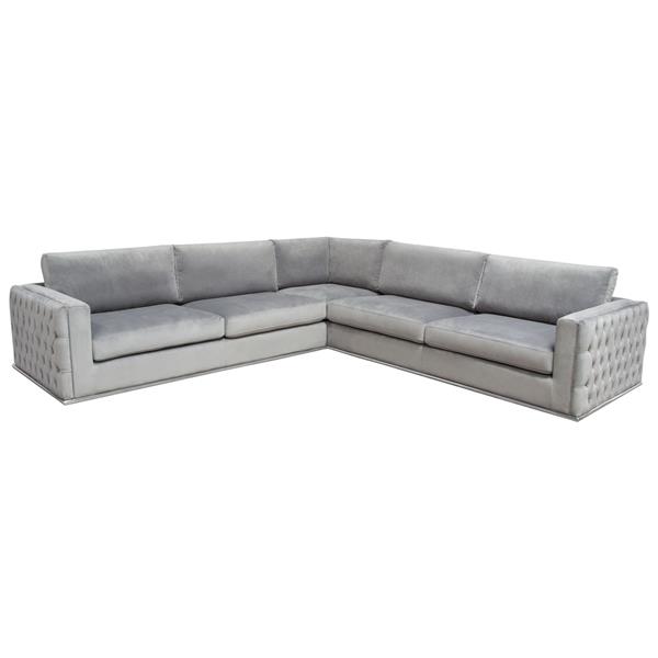 Envy 3-Piece Sectional in Platinum Grey Velvet with Tufted Outside Detail 