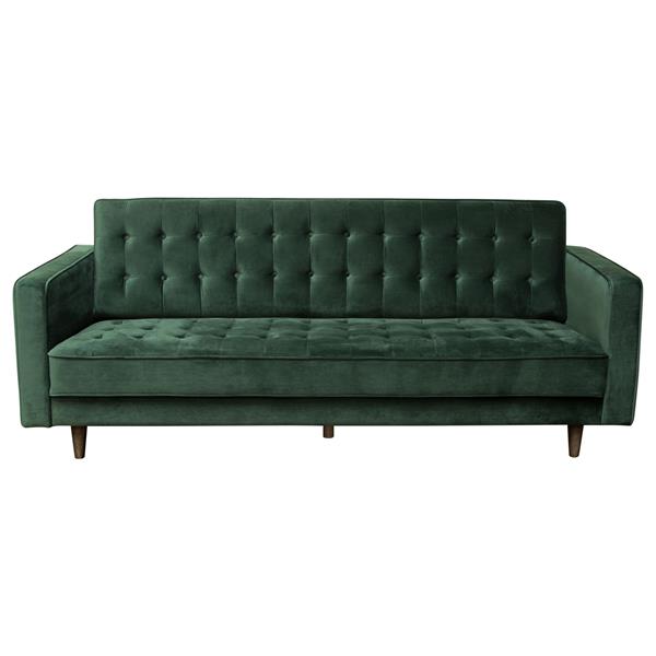 Juniper Tufted Sofa in Hunter Green Velvet with Two Bolster Pillows 