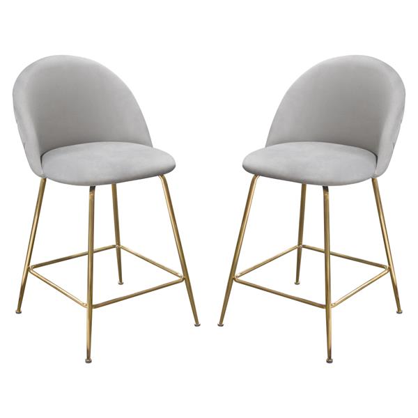 Lilly Set of Two Counter Height Chairs in Grey Velvet with Brushed Gold Metal Legs 