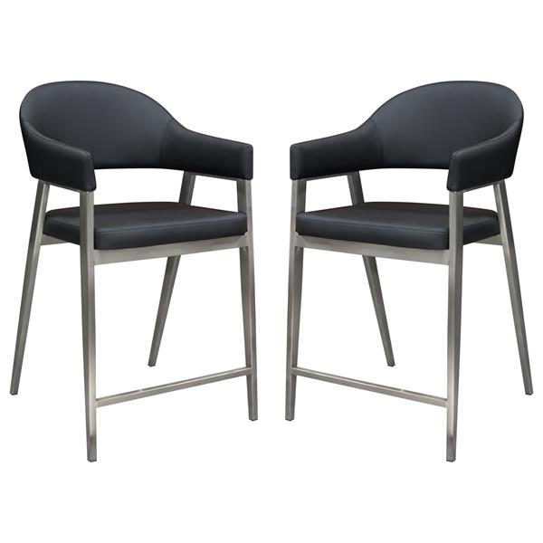 Adele Set of Two Counter Height Chairs in Black Leatherette with Brushed Stainless Steel Leg 