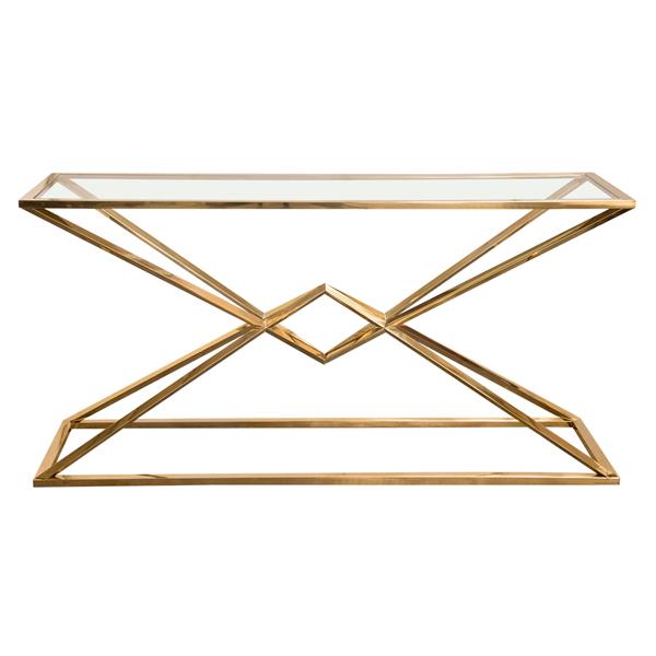 Aria Rectangle Stainless Steel Console Table with Gold Finish Base and Clear Glass Top 