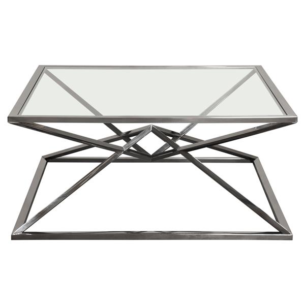 Aria Square Stainless Steel Cocktail Table with Black Finish Base and Tempered Glass Top 