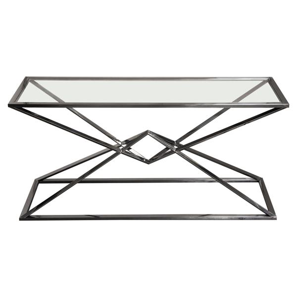 Aria Rectangle Stainless Steel Console Table with Black Finish Base and Clear Glass Top 