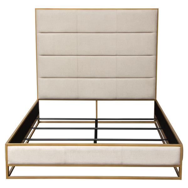 Empire Queen Bed in Sand Fabric with Hand brushed Gold Metal Frame 