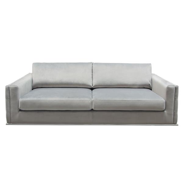 Envy Sofa in Platinum Grey Velvet with Tufted Outside Detail and Silver Metal Trim 