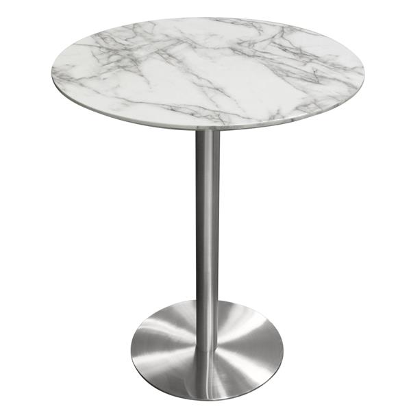 Stella 36-Inch Round Bar Height Table with Faux Marble Top and Brushed Silver Metal Base 