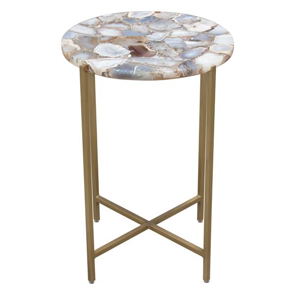 Mika Round Accent Table with Grey Agate Top and Brass Base 