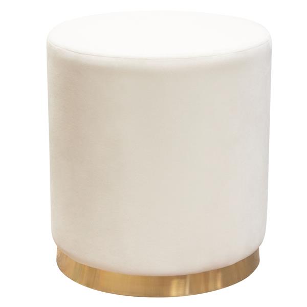 Sorbet Round Accent Ottoman in Cream Velvet with Gold Metal Band Accent 