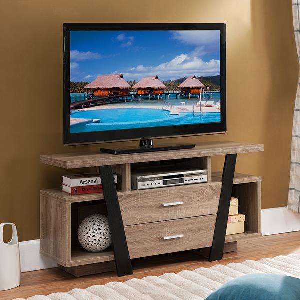 Dark Taupe and Black TV Stand with Two-Tier Shelving Unit 