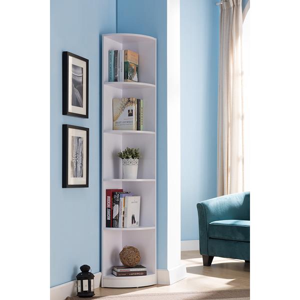 White Corner Bookcase with Vertical Five Shelf 