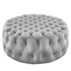 Amour Tufted Button Large Round Performance Velvet Ottoman - Light Gray 