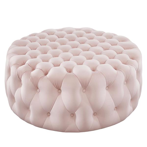 Amour Tufted Button Large Round Performance Velvet Ottoman - Pink 