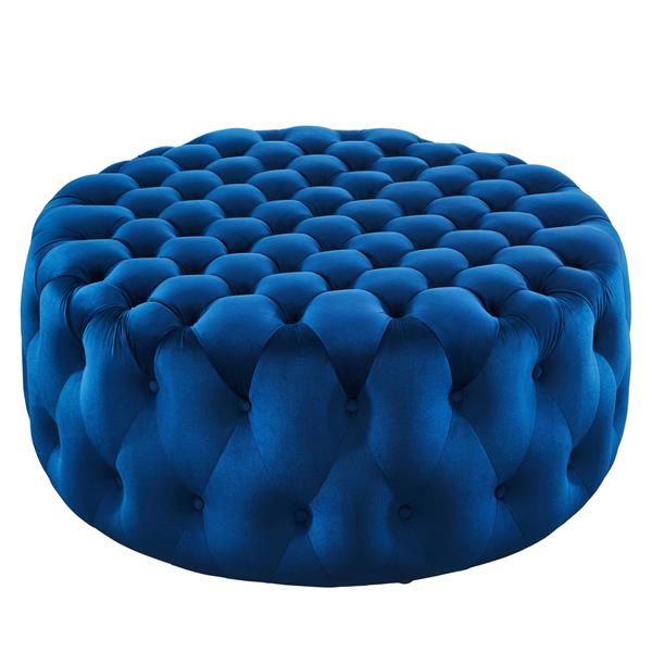 Amour Tufted Button Large Round Performance Velvet Ottoman - Navy 