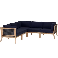 Clearwater Outdoor Patio Teak Wood 5-Piece Sectional Sofa - Gray Navy 