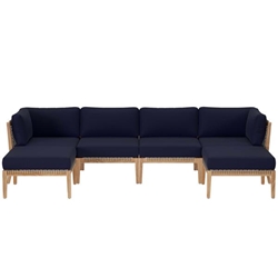 Clearwater Outdoor Patio Teak Wood 6-Piece Sectional Sofa - Gray Navy - Style C 