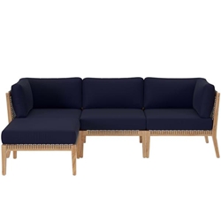 Clearwater Outdoor Patio Teak Wood 4-Piece Sectional Sofa - Gray Navy 