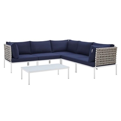 Harmony 6-Piece  Sunbrella® Basket Weave Outdoor Patio Aluminum Sectional Sofa Set - Tan Navy 