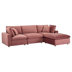 Commix Down Filled Overstuffed Performance Velvet 4-Piece Sectional Sofa - Dusty Rose 