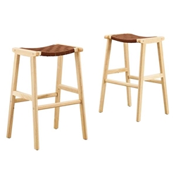 Saoirse Faux Leather Wood Bar Stool - Set of 2 - Natural Brown 