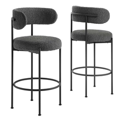 Albie Boucle Fabric Bar Stools - Set of 2 - Charcoal Black 