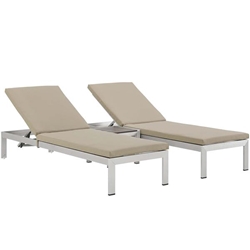 Shore 3 Piece Outdoor Patio Aluminum Chaise with Cushions - Silver Beige 