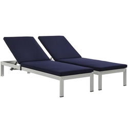 Shore Chaise with Cushions Outdoor Patio Aluminum Set of 2 - Silver Navy 