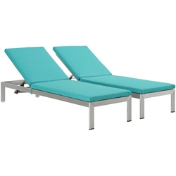 Shore Chaise with Cushions Outdoor Patio Aluminum Set of 2 - Silver Turquoise 