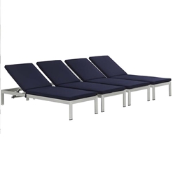 Shore Chaise with Cushions Outdoor Patio Aluminum Set of 4 - Silver Navy 