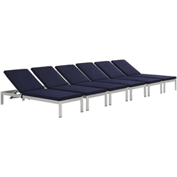 Shore Chaise with Cushions Outdoor Patio Aluminum Set of 6 - Silver Navy 