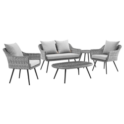 Endeavor 5 Piece Outdoor Patio Wicker Rattan Loveseat Armchair Coffee + Side Table Set - Gray Gray 