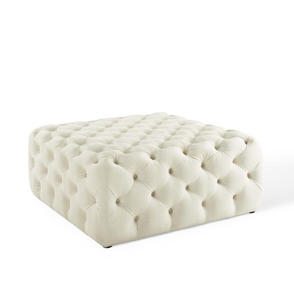 Amour Tufted Button Large Square Performance Velvet Ottoman - Ivory 
