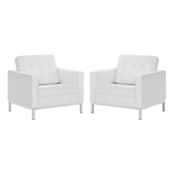 Loft Tufted Upholstered Faux Leather Armchair Set of 2 - Silver White 