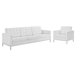 Loft Tufted Upholstered Faux Leather Sofa and Armchair Set - Silver White 