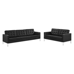 Loft Tufted Upholstered Faux Leather Sofa and Loveseat Set - Silver Black 