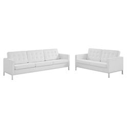 Loft Tufted Upholstered Faux Leather Sofa and Loveseat Set - Silver White 