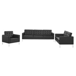 Loft Tufted Upholstered Faux Leather 3 Piece Set - Silver Black 