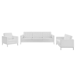Loft Tufted Upholstered Faux Leather 3 Piece Set - Silver White 