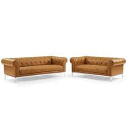 Idyll Tufted Upholstered Leather Sofa and Loveseat Set - Tan 